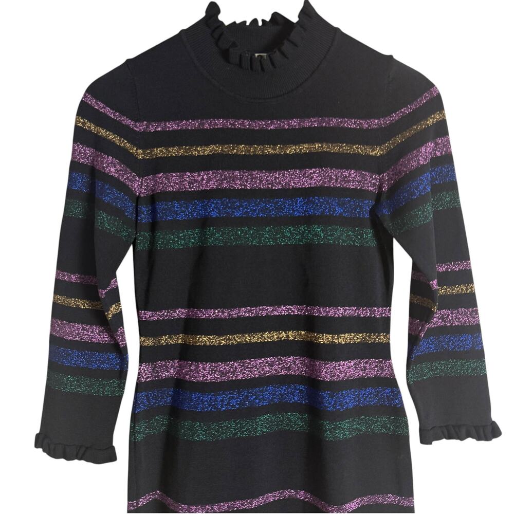 Shoshanna Evette Black Striped Knit Long Sleeve Ruffle Mock Neck Sweater Dress S - Picture 7 of 14